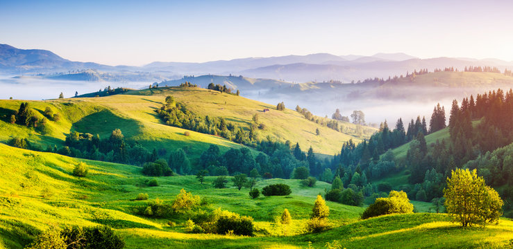 Bright rolling countryside around a farm in the morning light.