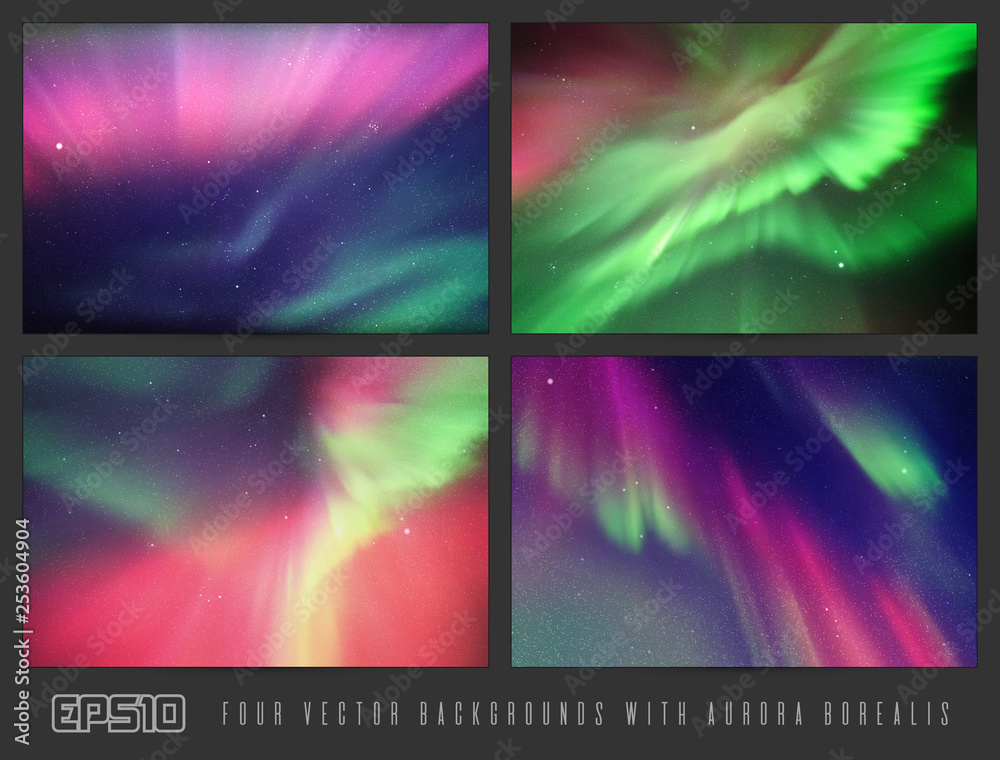 Poster vector set of colorful backgrounds with beautiful starry sky and northern lights. space illustration