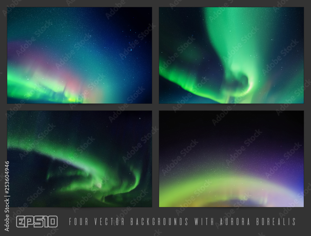 Poster vector set of colorful backgrounds with beautiful starry sky and northern lights. space illustration