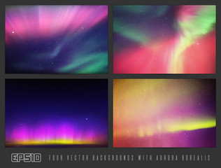 Vector set of colorful backgrounds with beautiful starry sky and Northern lights. Space illustration with aurora borealis for design