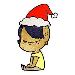 textured cartoon of a annoyed hipster girl wearing santa hat