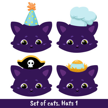 Set of four cats with different headdresses - a festive cap, a chef's cap, a pirate hat, a straw hat with a ribbon. Color image of a pets.