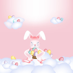 Easter bunny with colorful eggs napping on the clouds