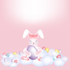 Easter bunny with colorful eggs napping on the clouds
