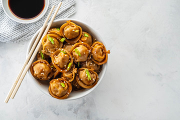 Fried dumplings with soy sauce with pepper and green onions. Asian cuisine. Copy space.