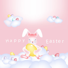Easter bunny with a basket of colorful eggs napping on the clouds