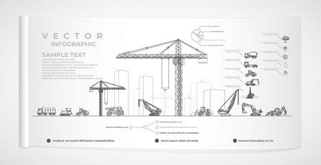 Vector construction equipment and city infographics.