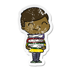 distressed sticker of a cartoon boy with books smiling