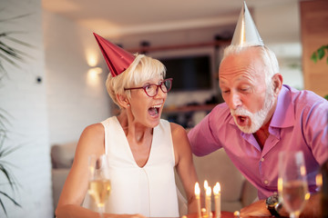Senior couple celebrating at home
