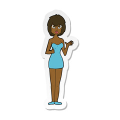 sticker of a cartoon confused woman in cocktail dress