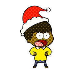 comic book style illustration of a shocked man wearing santa hat