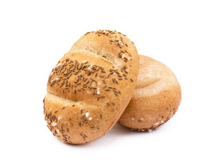 Crispy bun sprinkled with caraway isolated on white background
