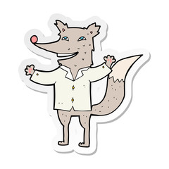sticker of a cartoon happy wolf wearing shirt