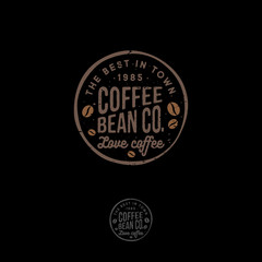 Fototapeta na wymiar Coffee Bean Logo. Coffee emblem. Letters and coffee beans in a circle. Emblem like a stamp. Shabby style.