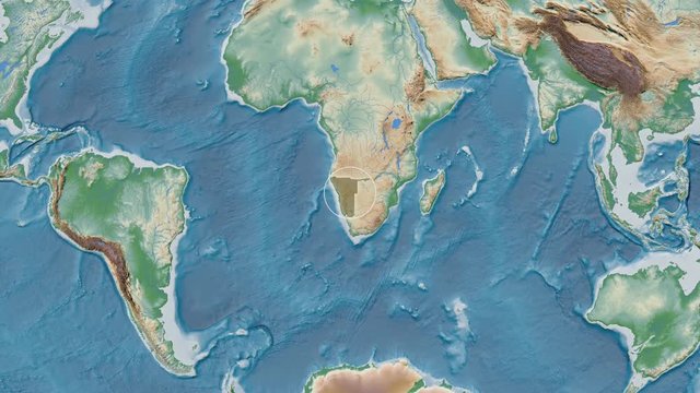 Namibia area presented against the global physical map in the Fahey projection with animated oblique transformation