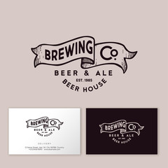 Brewing logo. Pub emblem. Ribbon and letters. Craft Beer logotype. Vintage style. Business card.