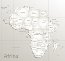 Africa map colorful, new political detailed map, separate individual states, with state city and sea names, natural paper 3D shadow vector