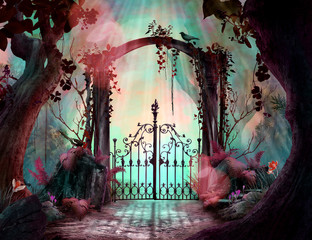 Archway in an enchanted fairy garden Landscape - obrazy, fototapety, plakaty