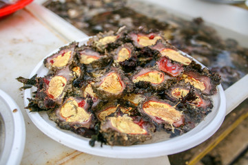 Raw microcosmus sabatieri, sea truffle, sea lemon or egg sea, sponge, eatable sea food