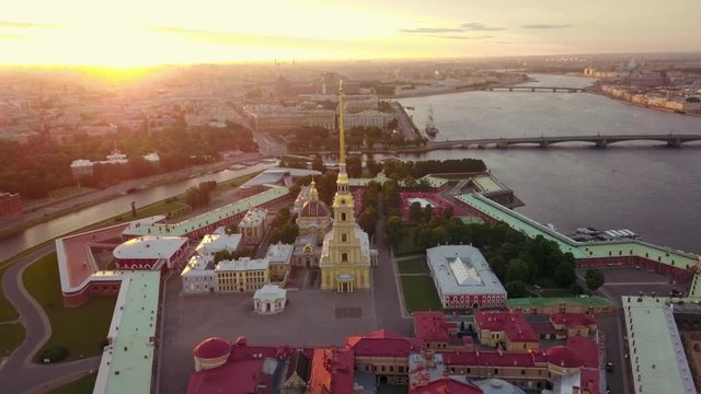 Aerial view of Petropavlovskaya krepost of Saint-Petersburg. Sunlight flare