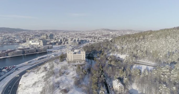 4K high angle aerial view of the beautiful Oslo skyline, The Munch Museum called Lambda and Barcode, a part of the new Bj&oslash;rvika Opera quarter in Oslo, in vibrant winter sunlight.