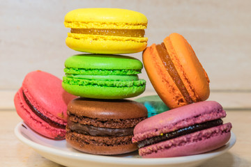 colorful macaroni cookies selective focus