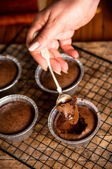 Person eating molten chocolate cake