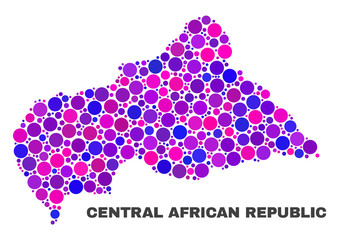 Mosaic Central African Republic map isolated on a white background. Vector geographic abstraction in pink and violet colors. Mosaic of Central African Republic map combined of random circle items.
