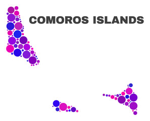 Mosaic Comoros Islands map isolated on a white background. Vector geographic abstraction in pink and violet colors. Mosaic of Comoros Islands map combined of random spheric items.