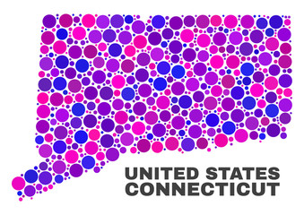 Mosaic Connecticut State map isolated on a white background. Vector geographic abstraction in pink and violet colors. Mosaic of Connecticut State map combined of random round points.