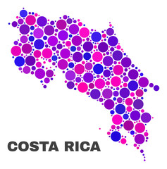 Mosaic Costa Rica map isolated on a white background. Vector geographic abstraction in pink and violet colors. Mosaic of Costa Rica map combined of random spheric points.