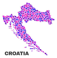 Mosaic Croatia map isolated on a white background. Vector geographic abstraction in pink and violet colors. Mosaic of Croatia map combined of scattered round items.