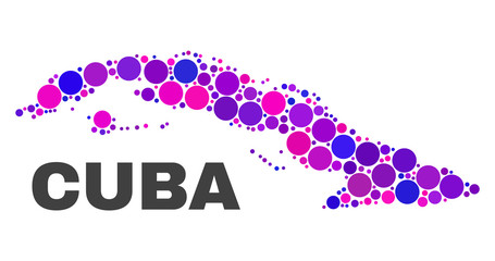 Mosaic Cuba map isolated on a white background. Vector geographic abstraction in pink and violet colors. Mosaic of Cuba map combined of random circle points.