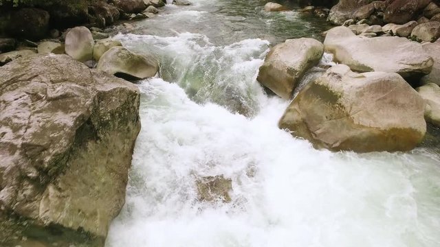 Low flying drone shot over the rapids of the Jondachi River in Ecuador