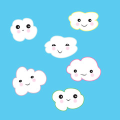 Funny white clouds with faces and smiles -kawaii