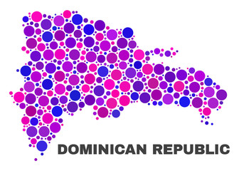 Mosaic Dominican Republic map isolated on a white background. Vector geographic abstraction in pink and violet colors. Mosaic of Dominican Republic map combined of random circle elements.