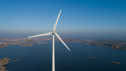 Wind turbine at Baltic coast. View from the air. Close up.