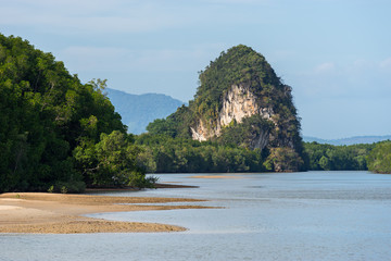 Close-up landscape view of Khao Khanab Nam mountains in Krabi province in Thailand