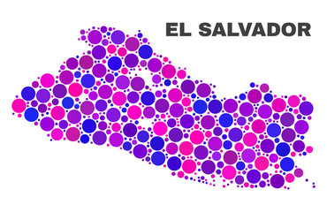 Mosaic El Salvador map isolated on a white background. Vector geographic abstraction in pink and violet colors. Mosaic of El Salvador map combined of random spheric points.