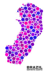 Mosaic Espirito Santo State map isolated on a white background. Vector geographic abstraction in pink and violet colors. Mosaic of Espirito Santo State map combined of scattered circle points.