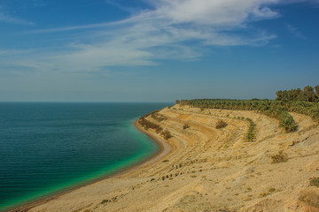 panorama scenery landscape of palm trees plantation on waterfront terraces along dead sea shoreline in Middle East country, aerial nature photography in warm summer season time 