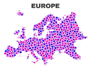Mosaic Europe map isolated on a white background. Vector geographic abstraction in pink and violet colors. Mosaic of Europe map combined of random spheric dots.