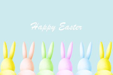 illustration of colored easter rabbits made of eggs look at the inscription happy easter, creative abstract photo on a blue background