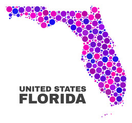 Mosaic Florida State map isolated on a white background. Vector geographic abstraction in pink and violet colors. Mosaic of Florida State map combined of scattered circle elements.