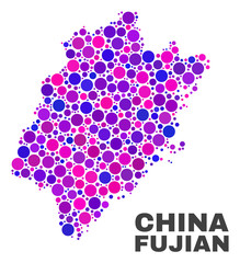 Mosaic Fujian Province map isolated on a white background. Vector geographic abstraction in pink and violet colors. Mosaic of Fujian Province map designed from random circle items.