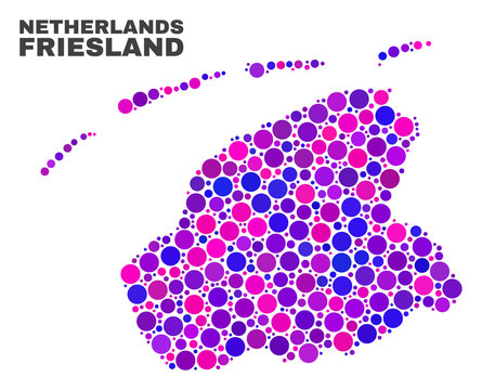 Mosaic Friesland Province map isolated on a white background. Vector geographic abstraction in pink and violet colors. Mosaic of Friesland Province map combined of scattered circle points.