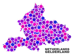 Mosaic Gelderland Province map isolated on a white background. Vector geographic abstraction in pink and violet colors. Mosaic of Gelderland Province map combined of random round elements.