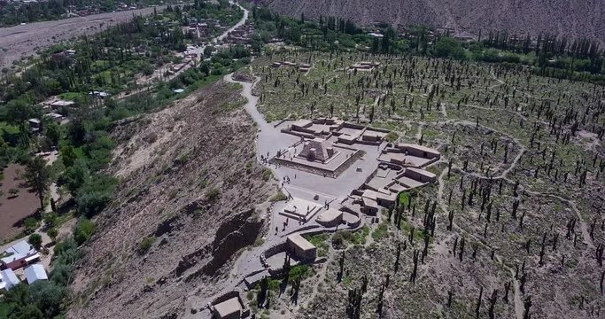 General wide aerial shot of &ldquo;Pucara de Tilcara&rdquo; on a sunny day, people visiting the archaeological site.