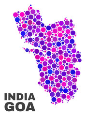 Mosaic Goa State map isolated on a white background. Vector geographic abstraction in pink and violet colors. Mosaic of Goa State map combined of scattered spheric points.
