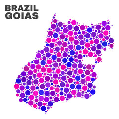 Mosaic Goias State map isolated on a white background. Vector geographic abstraction in pink and violet colors. Mosaic of Goias State map combined of scattered spheric elements.